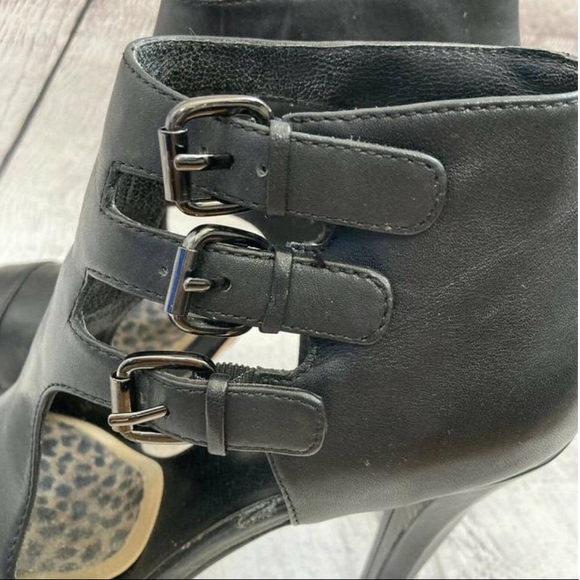 Velvet angels : Black Barbuto Ankle Buckle Shootie Peep Toe Leather Pumps - Picture 6 of 11